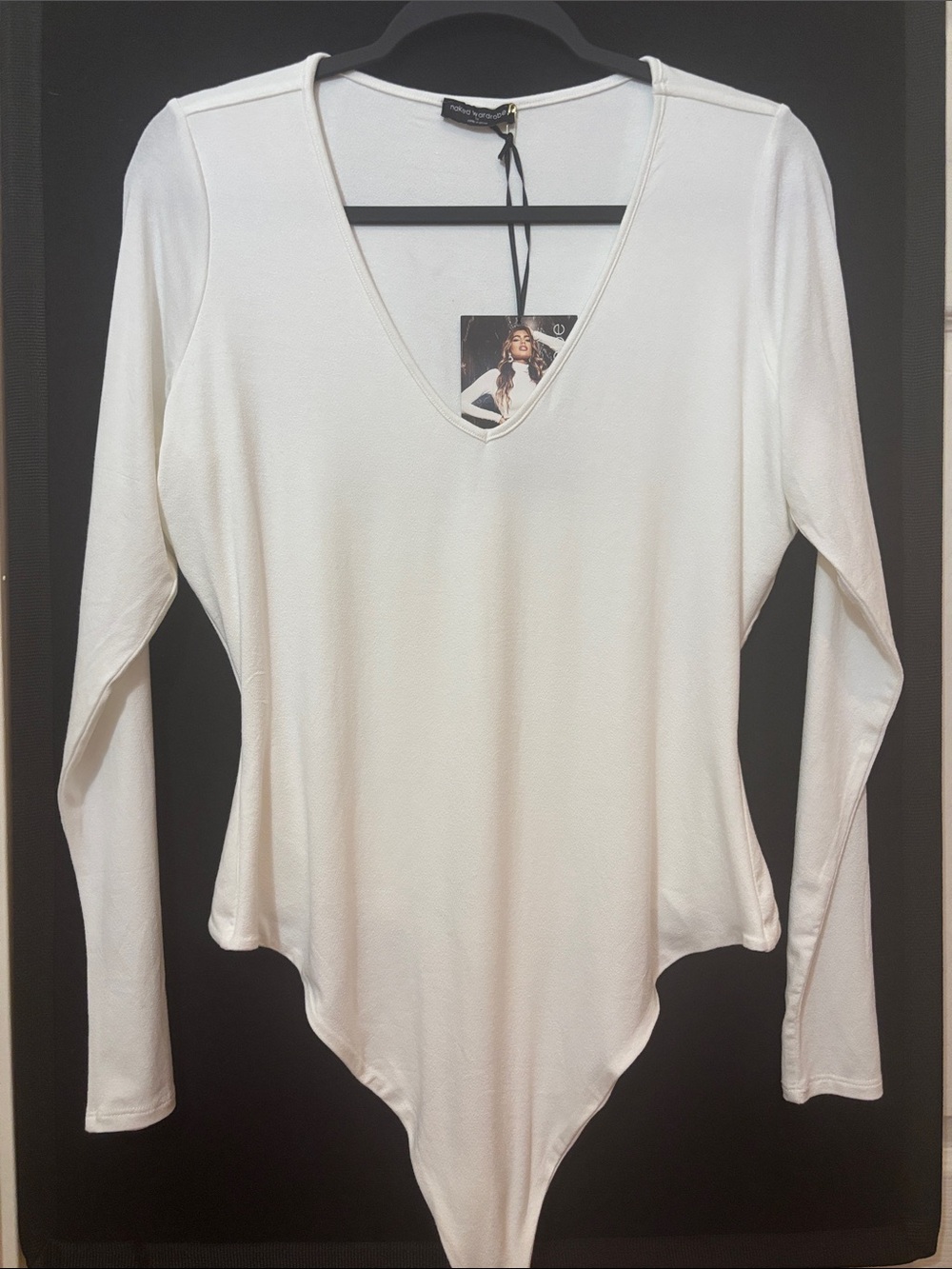 Naked Wardrobe Bodycon Body Suit Long Sleeve V-Neck White Double Lined 1X NWT
